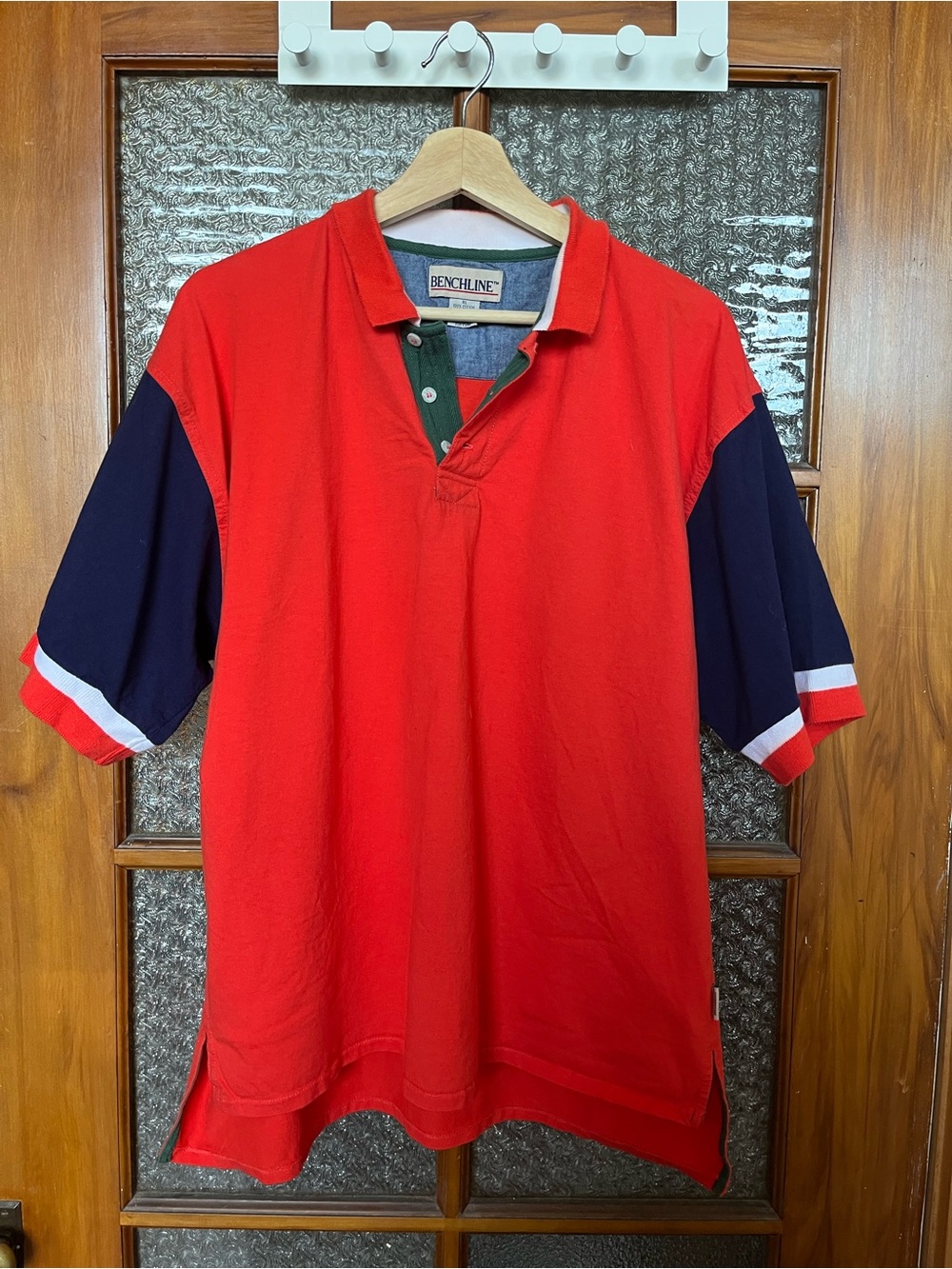 Tomato Red Polo Shirt with Colorblock Navy Sleeves